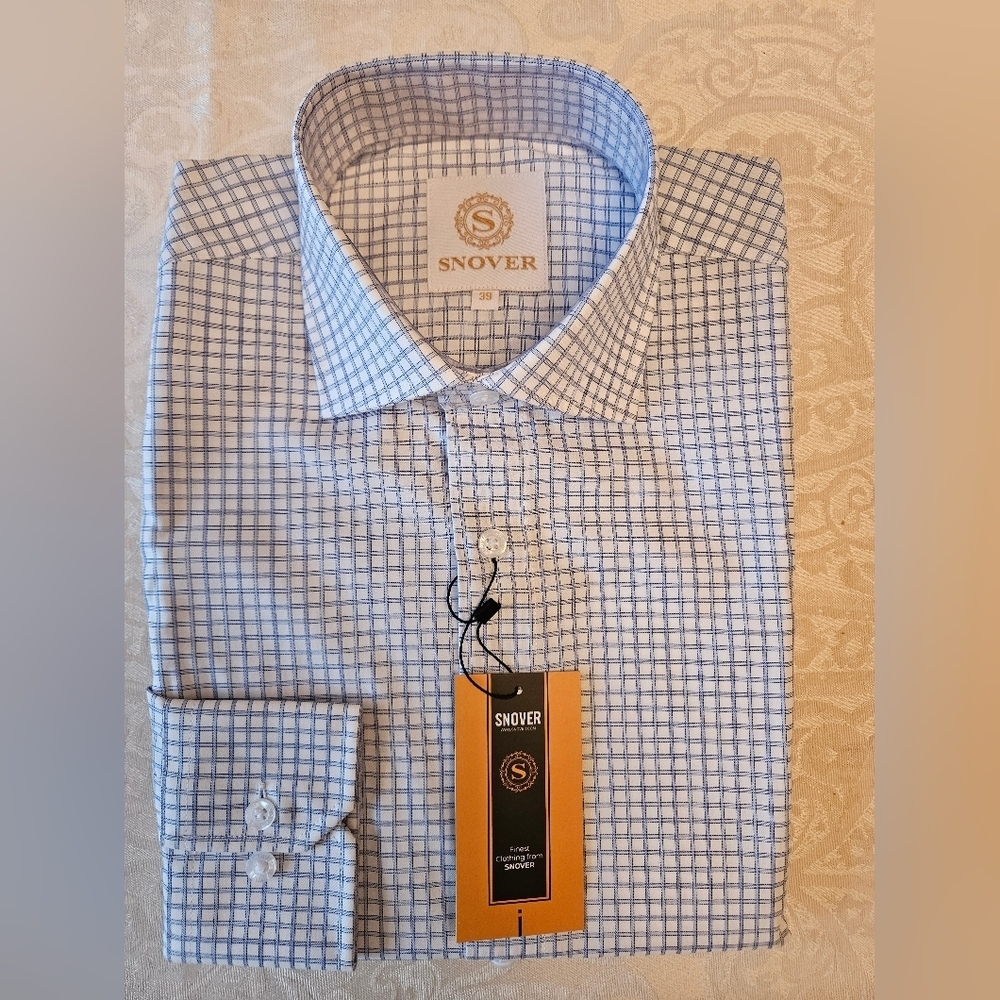 Men’s Light Blue Check Grid Shirt, Snover, 39, NWT